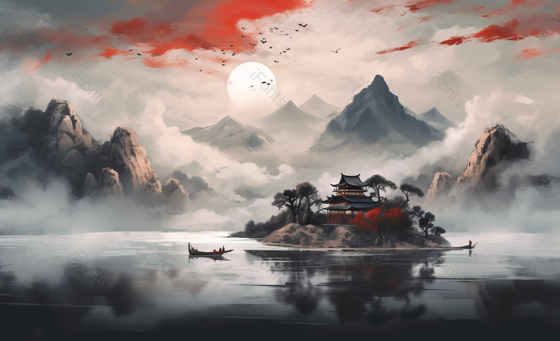 中国风国风新中式彩色水墨山水画古风建筑和湖泊湖面小船客船远处太阳山峰云雾背景插画,插画/手绘图,插画/手绘图库,插画/手绘图下载,插画/手绘